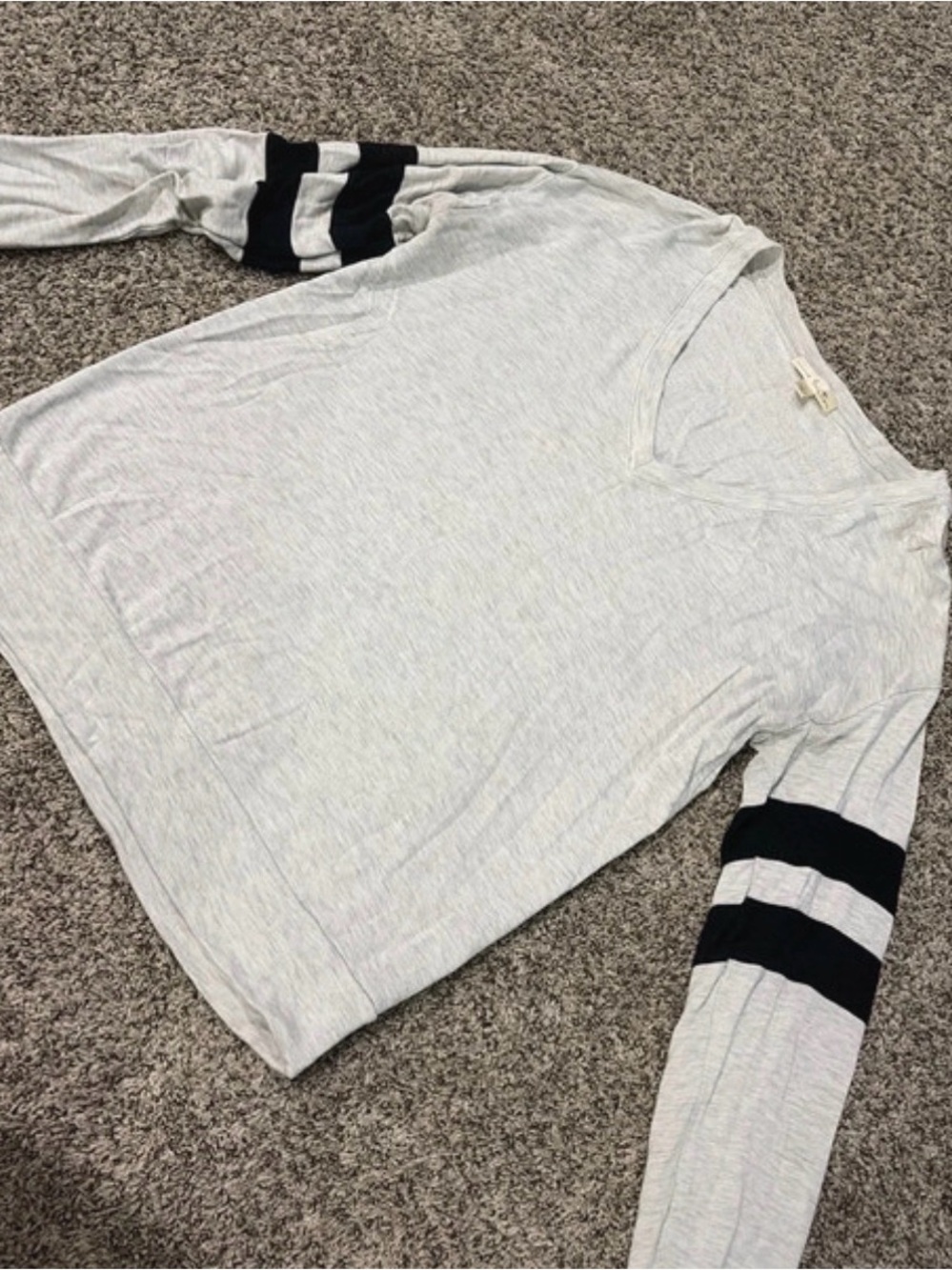 nine britton Light Gray V-Neck Long Sleeve Top with Black Sleeve Stripes